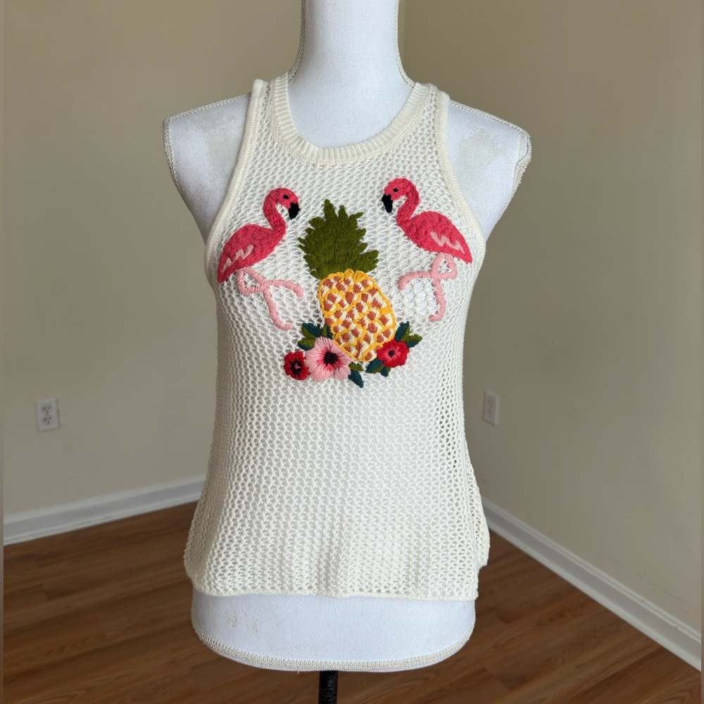 NWT American Eagle Crochet Tank Top Flamingo Pineapple Embroidered Small - Picture 3 of 10